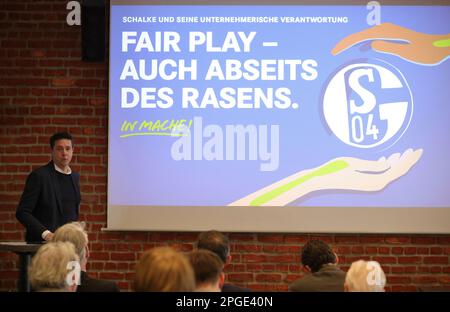 Gelsenkirchen, Germania. 22nd Mar, 2023. Firo: 03/22/2023, calcio, campionato 1st, 1st Bundesliga, Stagione 2022/2023, FC Schalke 04, la strategia di sostenibilità di Schalke, la sostenibilità a Schalke, futuro fucina Sebastian Buntkirchen, ritratto, direttore dei tifosi e degli affari dei club, la sostenibilità Una fusione di 11 aziende dovrebbe garantire una maggiore sostenibilità a Schalke e nella regione Credit: dpa/Alamy Live News Foto Stock