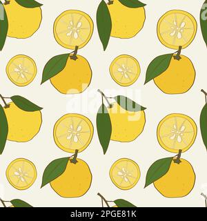 Modello senza cuciture con frutta yuzu disegnata a mano con foglie Illustrazione Vettoriale