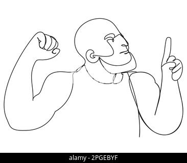 Uomo calvo con una barba che punta il dito verso il cielo disegnato con una linea continua su uno sfondo bianco. Uomo forte con muscoli. Semplice illlust vettoriale Illustrazione Vettoriale