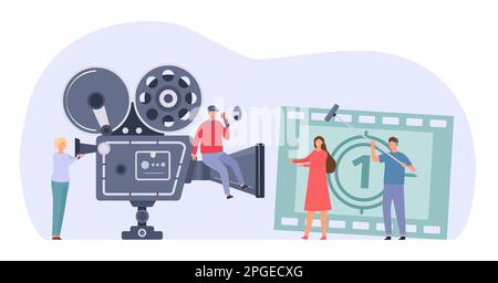 Team di produzione cinematografica che riprende film attore sulla fotocamera. Vettore di illustrazione del team di produzione cinematografica, regista e attore in studio Illustrazione Vettoriale