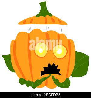 Zucca spaventata di Halloween con coperchio esploso su sfondo bianco. Illustrazione Vettoriale