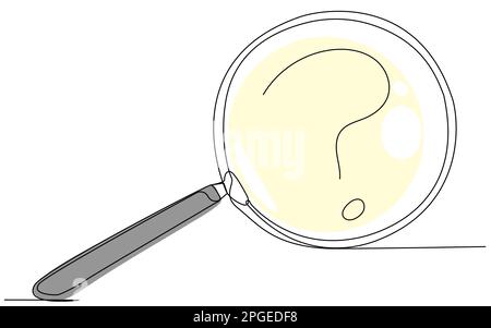 Lente di ingrandimento con un punto interrogativo su una riga su un isolato bianco. Illustrazione Vettoriale