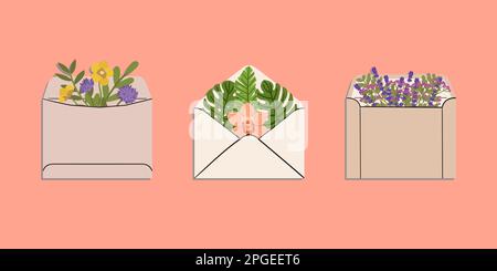 Set di buste con fiori e foglie. Concetto di invio di lettera di amore e amicizia. Illustrazione vettoriale disegnata a mano isolata su backgroun a colori Illustrazione Vettoriale