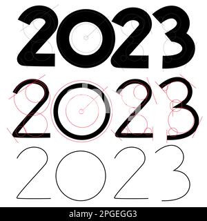 2023 con calcoli geometrici e linee su sfondo bianco. Illustrazione Vettoriale