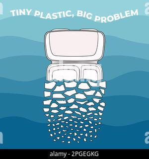 La scatola di plastica si rompe in piccoli pezzi. Le materie plastiche in acqua provenienti da rifiuti di plastica mal gestiti. Inquinamento marino e plastico degli oceani. Ambiente globale Illustrazione Vettoriale