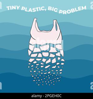 Il sacchetto di plastica si rompe in piccoli pezzi. Le materie plastiche in acqua provenienti da rifiuti di plastica mal gestiti. Inquinamento marino e plastico degli oceani. Ambiente globale Illustrazione Vettoriale