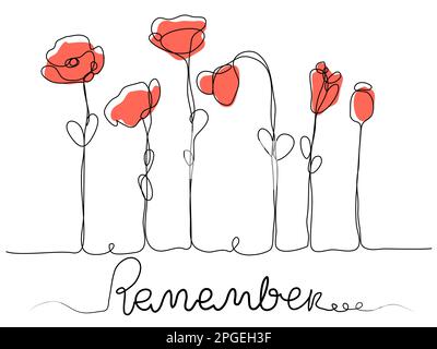 Papaveri in una linea con un punto rosso su un isolato bianco. Illustrazione Vettoriale