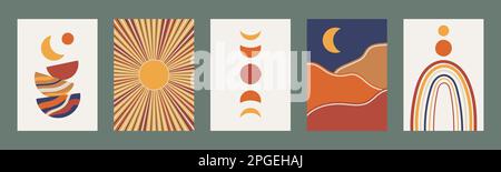 Set di stampe minimaliste con decorazioni geometriche a boho. Poster astratti per interni moderni ed estetici bohémien. Grafica stampabile contemporanea. Sole, Luna Illustrazione Vettoriale