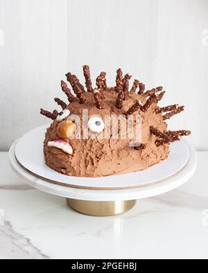 Divertente e brutta torta hedgehog per il compleanno dei bambini fatta di cioccolato e dolci Foto Stock