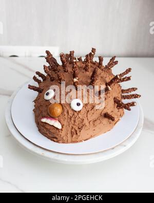 Divertente e brutta torta hedgehog per il compleanno dei bambini fatta di cioccolato e dolci Foto Stock