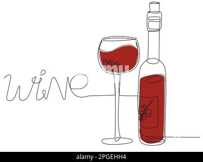 Una bottiglia di vino e un bicchiere in una linea su uno schermo bianco. Illustrazione Vettoriale