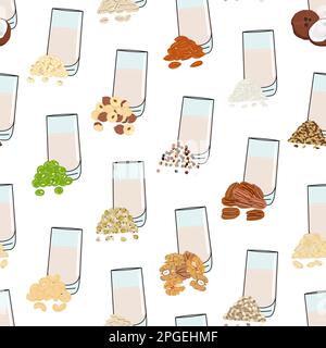 Modello di bicchieri senza cuciture con latte a base di piante. Latte vegano in vetro. Mandorla, soia, riso, cocco, anacardi, latte di avena, lino, noce, canapa, piselli. Latte al Illustrazione Vettoriale