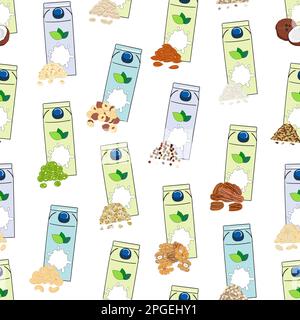 Modello senza cuciture di scatole di cartone con latte a base di piante. Latte vegano. Mandorla, soia, riso, cocco, anacardi, latte di avena, lino, noce, canapa, piselli. Alterno del latte Illustrazione Vettoriale