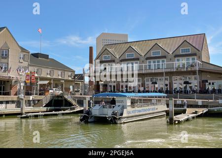 Galveston, Texas, USA - 2023 febbraio: Battello turistico ormeggiato al molo 21 sul lungomare della città Foto Stock