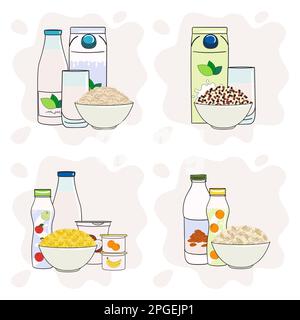 Maschere con latte in vetro, bottiglie e scatola. Icone della colazione con latte e cereali. Latte e latte a base di piante. Illustrazione vettoriale disegnata a mano. Illustrazione Vettoriale