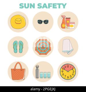 Set di icone per prendere il sole sulla spiaggia. Protezione della pelle e simbolo di sicurezza solare. Estate e vacanza. Illustrazione vettoriale disegnata a mano. Illustrazione Vettoriale