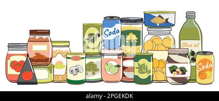 Set di cibo in scatola. Conserve alimentari in lattine, vasetti di vetro, contenitori di metallo. Elementi di deposito di cucina. Illustrazione vettoriale disegnata a mano. Isolato su Whi Illustrazione Vettoriale