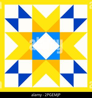 Motivo a stella geometrico ispirato alla trapunta in mosaico. Sfondo astratto giallo e blu nei colori tradizionali ucraini. Patch vettoriale senza giunture Illustrazione Vettoriale