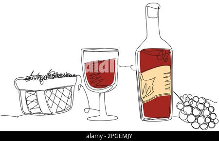 Un bicchiere di vino con una bottiglia e un cesto di uva in una riga su sfondo bianco. Illustrazione Vettoriale