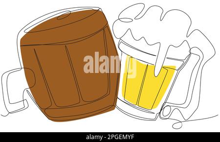 Un barile e un bicchiere con birra in una linea con sfondo colorato su sfondo bianco. Illustrazione Vettoriale