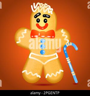 Buon pan di zenzero natalizio con canna da zucchero su sfondo rosso. Illustrazione Vettoriale