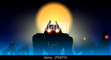 Lupi mannari che urlano alla luna piena in una notte di nebbia. Illustrazione Vettoriale
