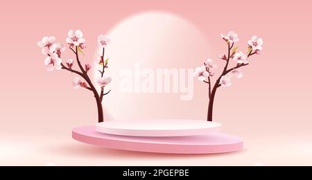 Presentazione natura podio, bellezza banner stagione, festa sakura. Illustrazione vettoriale Illustrazione Vettoriale