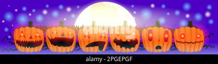 Zucche di Halloween con diverse espressioni di emozioni su una coscia illuminata dalla luna. Illustrazione Vettoriale