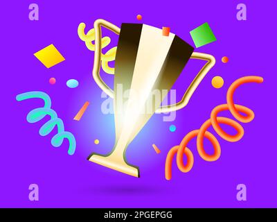 3D coppa d'oro del vincitore con confetti su fondo viola. Illustrazione Vettoriale