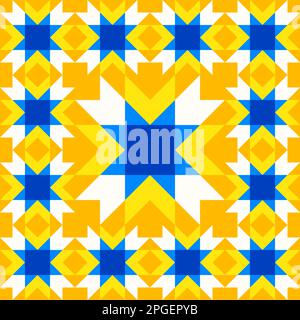 Motivo a stella geometrico ispirato alla trapunta in mosaico. Sfondo astratto giallo e blu nei colori tradizionali ucraini. Patch vettoriale senza giunture Illustrazione Vettoriale