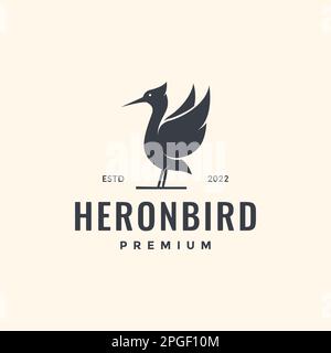 heron uccello lungo becco volare guardando pesce lago hippster vintage logo vettore Illustrazione Vettoriale