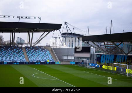 Manchester, Regno Unito. 22nd Mar, 2023. Manchester, Inghilterra, marzo 22nd 2023: Vista generale dell'Etihad Stadium e dello City Football Academy Stadium prima della partita di calcio internazionale amichevole tra Inghilterra e Germania presso il City Football Academy Stadium di Manchester, Inghilterra. (James Whitehead/SPP) Credit: SPP Sport Press Photo. /Alamy Live News Foto Stock