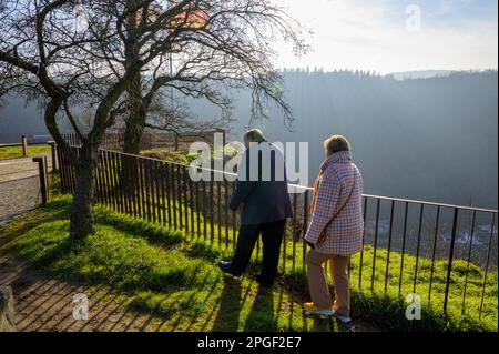 Coppia anziana che cammina oltre una recinzione che si affaccia sul fiume Reno in Germania Foto Stock