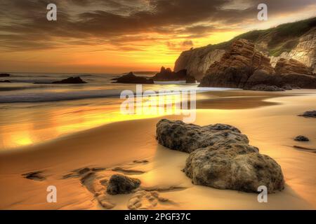 Un'idilliaca spiaggia tropicale fotografata durante l'ora d'oro all'alba. Le acque cristalline turchesi si fondono con le calde arance e i gialli del cielo Foto Stock