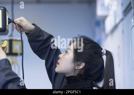 Giovane donna asiatica che lavora come ingegnere, Freiburg im Breisgau, Baden-Württemberg, Germania Foto Stock