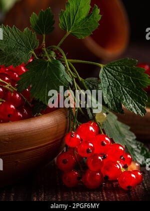 ribes rosso in una terrina di argilla e sui rami Foto Stock