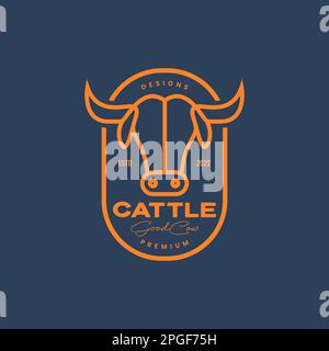 capelli lunghi testa di mucca alta corned minimal badge vintage logo design vettore Illustrazione Vettoriale