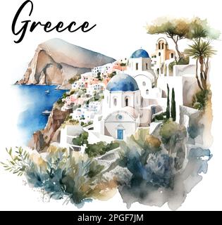 Pittoresco paesaggio della Grecia acquerello arte mare Illustrazione Vettoriale