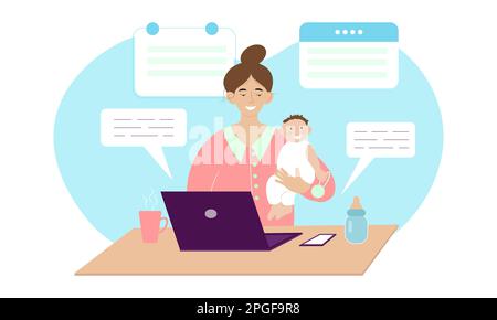 Donna freelance che lavora da casa con il bambino. Illustrazione vettoriale Illustrazione Vettoriale