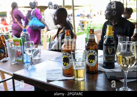 KENYA, Nairobi, classe media in birreria all'aperto, birra Tusker e Guinness Beear, marchi del british Diageo Group / KENIA, Nairobi, Mittelklasse im Biergarten, Alkoholkonsum, Tusker und Guinness Bier, beides Marken der Diageo Group Foto Stock