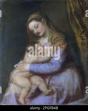 La Vergine succhia il Bambino Cristo tra il 1563 e il 1577 da Tiziano Foto Stock