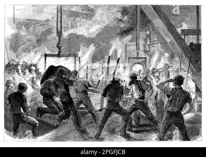 Casting un cilindro grande al canale Ironworks, circa 1864. È stato istituito sul canale della città che attraversava l'Isola dei cani da Blackwall raggiungere a Limehouse raggiungere, costruito dalla City of London Corporation con fondi pubblici e aperto nel 1805. Gli edifici che in precedenza avevano servito l’industria della pesca della zona sono stati spazzati da parte per lasciare spazio ai cantieri navali, ai moli asciutti e alle ferrerie. Nel 1809 Coulson & Company aveva costruito la fonderia di ferro, presumibilmente la più grande di Londra. Foto Stock