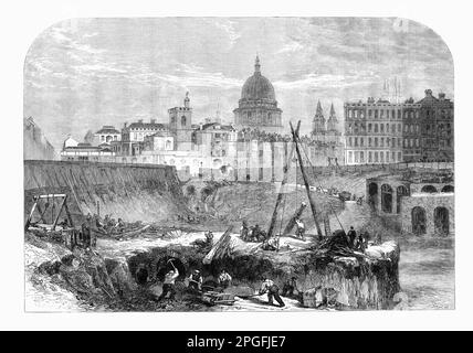 La costruzione della Metropolitan Extension Railway a Smithfield circa 1863, un servizio passeggeri e merci, la sua linea principale che si dirige a nord-ovest dal cuore finanziario della capitale in città a quello che sarà diventato la periferia Middlesex. Ha aperto al pubblico il 10 gennaio 1863 con carrozze in legno a gas, trainate da locomotive a vapore, la prima ferrovia sotterranea designata al mondo per il trasporto di passeggeri. Foto Stock