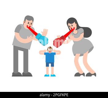 I genitori truffano il bambino. La lingua è come un guanto di boxe. Colpire con le parole. concetto di abuso psicologico dei bambini Illustrazione Vettoriale