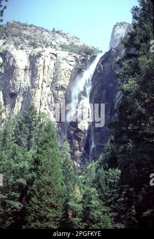 Parco Nazionale di Yosemite. CA. STATI UNITI 1984. Yosemite Upper, Middle e Lower Falls. Cerca il cono di ghiaccio alla base dell'autunno superiore durante l'inverno e per il ruggente runoff da aprile a giugno. Le cascate di Yosemite, una delle più alte del mondo, sono in realtà costituite da tre cascate separate: La cascata superiore di Yosemite (1.430 piedi), la cascata centrale (675 piedi) e la cascata inferiore di Yosemite (320 piedi). La migliore vista delle cascate di Yosemite è l'area intorno a Sentinel Meadow e la cappella di Yosemite. Cascate del Nevada, Bridalveil Falls e Vernal Falls viste dal piano della Yosemite Valley. Foto Stock