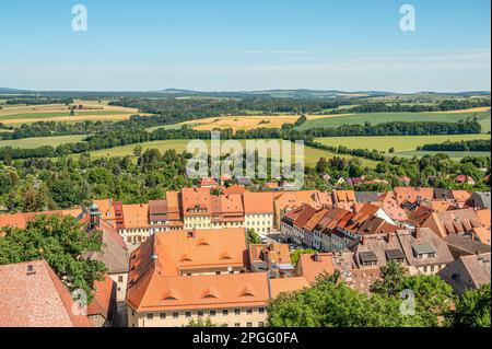 Vista della città vecchia di Stolpen visto dal castello, Sassonia, Germania Foto Stock