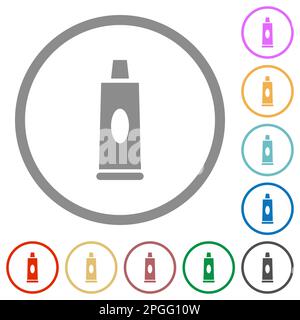 Dentifricio tubo di colore piatto icone con contorni rotondi su sfondo bianco Illustrazione Vettoriale