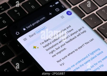 Google Bard ai chatbot. Esempio reale di bot chat visto sullo schermo dello smartphone che ha posto sulla tastiera. Stafford, Regno Unito, 22 marzo 2023 Foto Stock