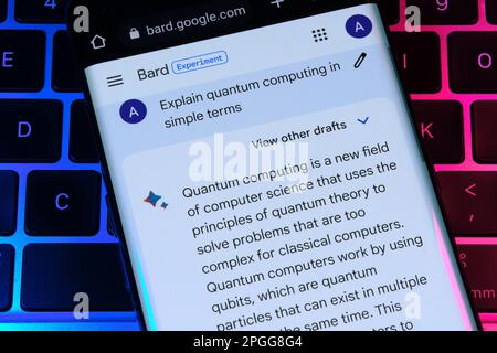 Google Bard ai chatbot. Uso reale di bot chat. Risposta alla domanda sul calcolo quantistico. Stafford, Regno Unito, 22 marzo 2023 Foto Stock