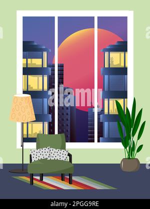 Camera con poltrona, piantana e fiore. Finestra con un paesaggio urbano - una città notturna con grattacieli e la luna. Illustrazione Vettoriale